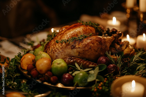 Happy Thanksgiving, big family dinner with turkey feast home celebration, Generative AI