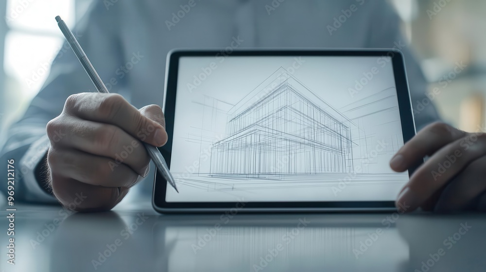 Hands of an architect sketching a futuristic building design on a digital tablet, creative design, architectural planning Hands of an architect sketching a futuristic building design on a digital tablet, creative design, architectural planning