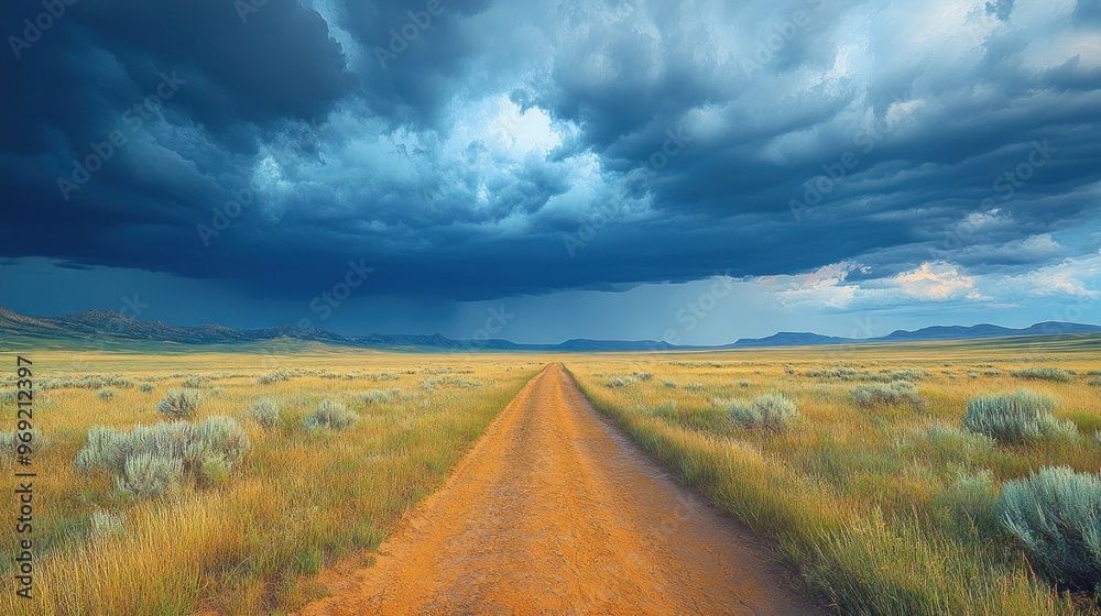 A dirt road stretches through a vast, grassy landscape under stormy skies. A dirt road stretches through a vast, grassy landscape under stormy skies.