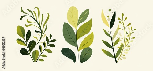 Abstract Green Leaf Wall Art Print Set of Three, Featuring Simple Line Drawings on a White Background.