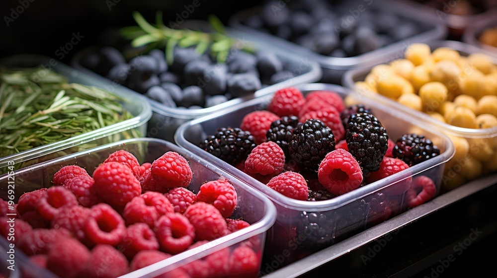 raspberries and blueberries in the market