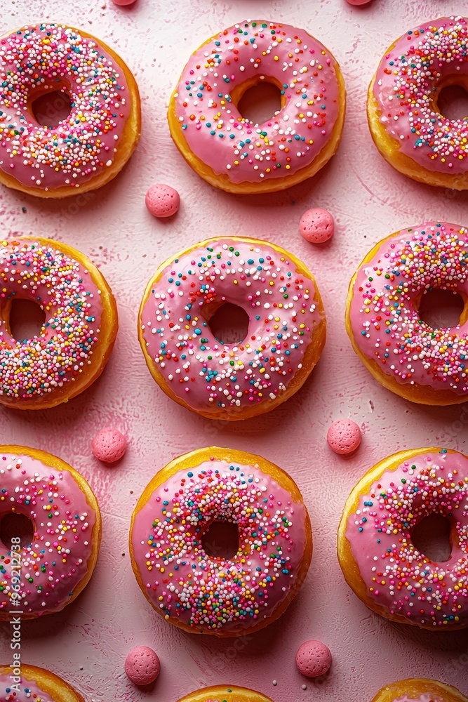 Pink Glazed Donuts with Sprinkles on Pink Background Pink Glazed Donuts with Sprinkles on Pink Background