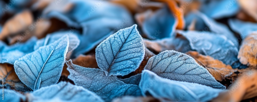Frost-covered blue leaves in autumn, close-up view. Seasonal nature and texture concept Frost-covered blue leaves in autumn, close-up view. Seasonal nature and texture concept