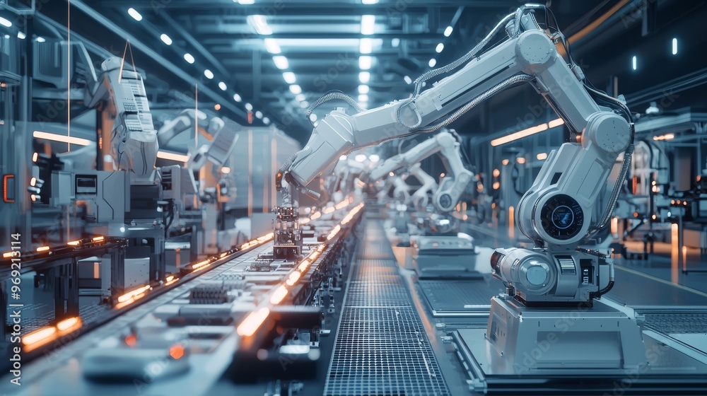 A futuristic production facility with interconnected machines building products on an AI-controlled assembly line A futuristic production facility with interconnected machines building products on an AI-controlled assembly line