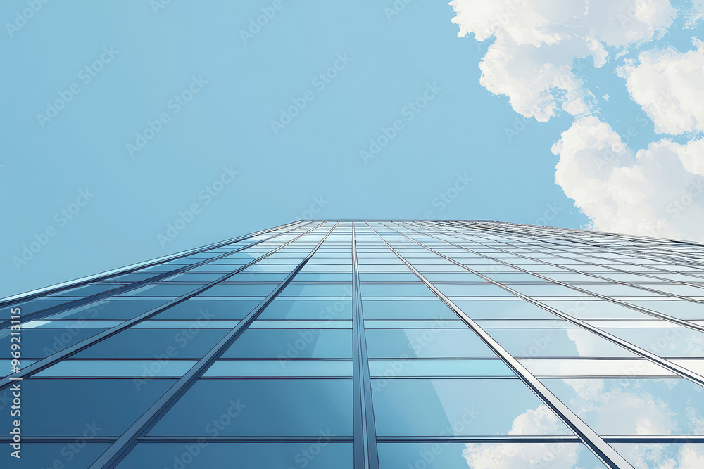 Fototapeta premium Modern skyscraper reaching towards sky, showcasing glass reflections and clouds