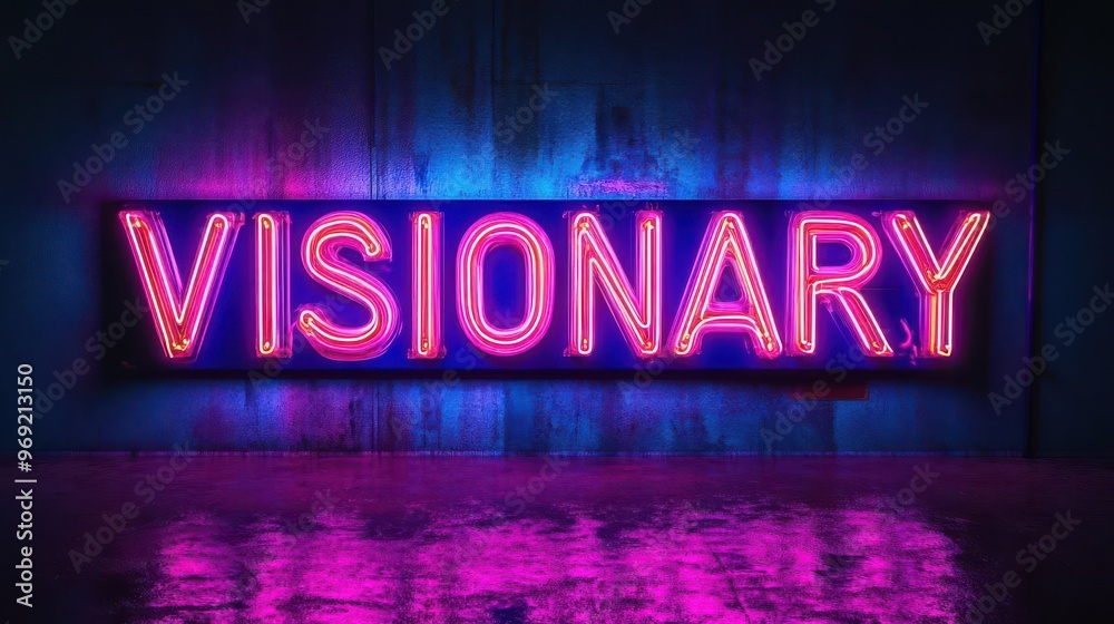 Obraz premium A glowing neon sign illuminates the word visionary against a weathered wall