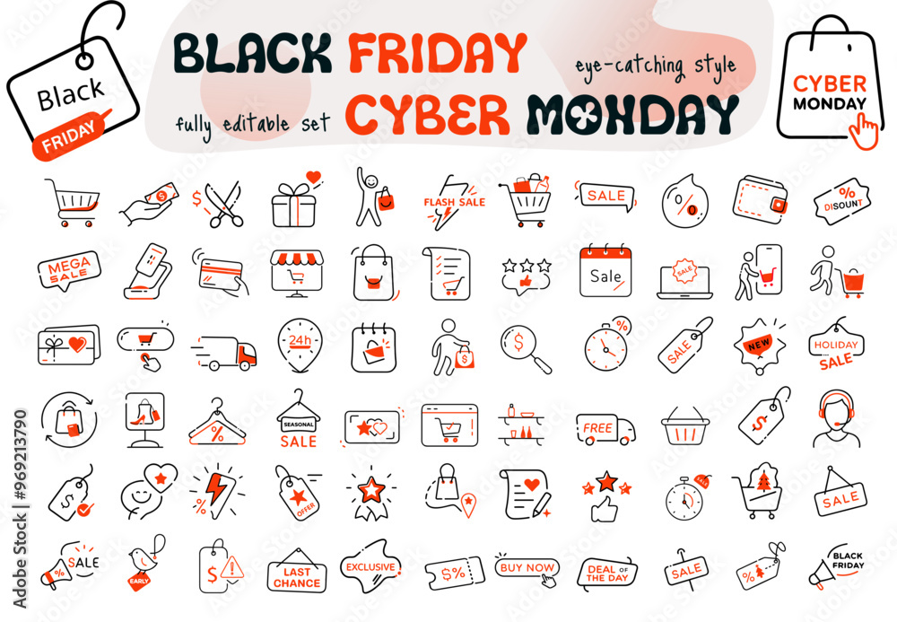 Black Friday + Cyber Monday modern style set, 68 fully editable icons, transparent background Black Friday + Cyber Monday modern style set, 68 fully editable icons, transparent background