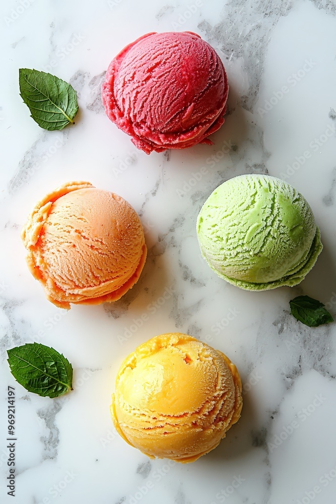 Assorted Ice Cream Scoops on Marble Background Assorted Ice Cream Scoops on Marble Background