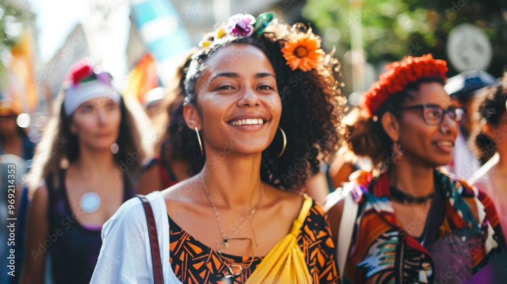 Diverse group of young energetic people celebrating joyfully and enthusiastically at a vibrant outdoor festival carnival or parade  The image captures a lively