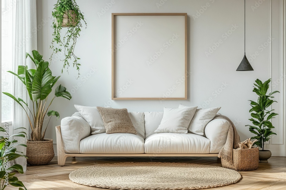 Naklejka premium Cozy living room with a white sofa, plants, and a blank wall for decoration.