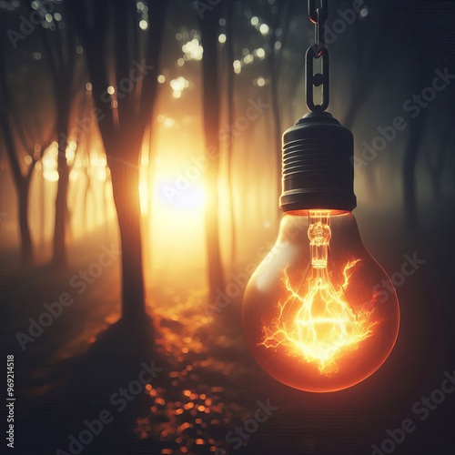 A striking image of an electric light bulb glowing with fiery energy, hanging in a misty forest at sunrise. The warm light contrasts beautifully with the cool, shadowy woods, creating a mysterious and