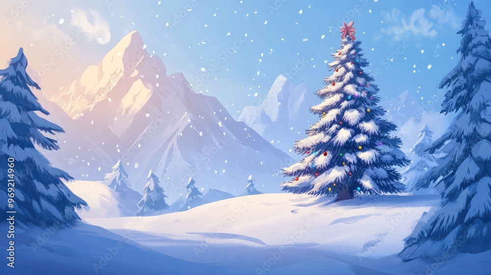 A cartoon winter scene with a Christmas tree in the snow, surrounded by majestic mountains and a serene, snowy atmosphere. A cartoon winter scene with a Christmas tree in the snow, surrounded by majestic mountains and a serene, snowy atmosphere.