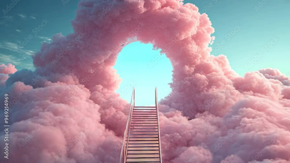 A pink cloud with a staircase in the middle of it. The staircase is white and is surrounded by pink clouds. The image has a dreamy and whimsical mood