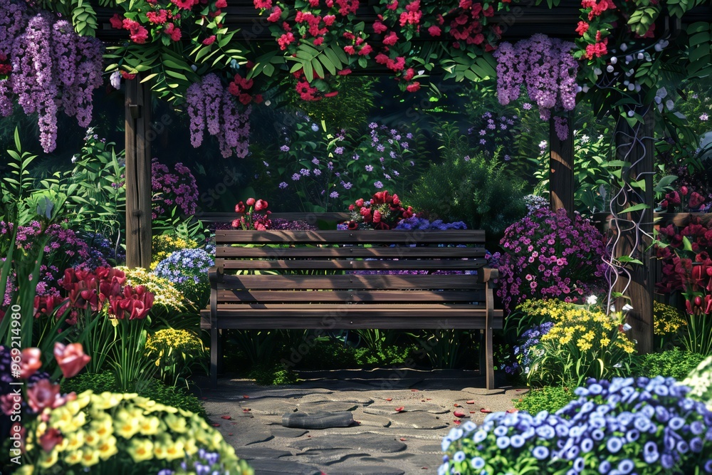 Lovely 3D render of a cozy garden bench surrounded by blooming flowers, created by ai Lovely 3D render of a cozy garden bench surrounded by blooming flowers, created by ai
