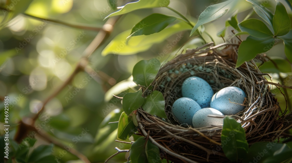 Serene spring nest with vibrant blue bird eggs in lush green foliage Serene spring nest with vibrant blue bird eggs in lush green foliage