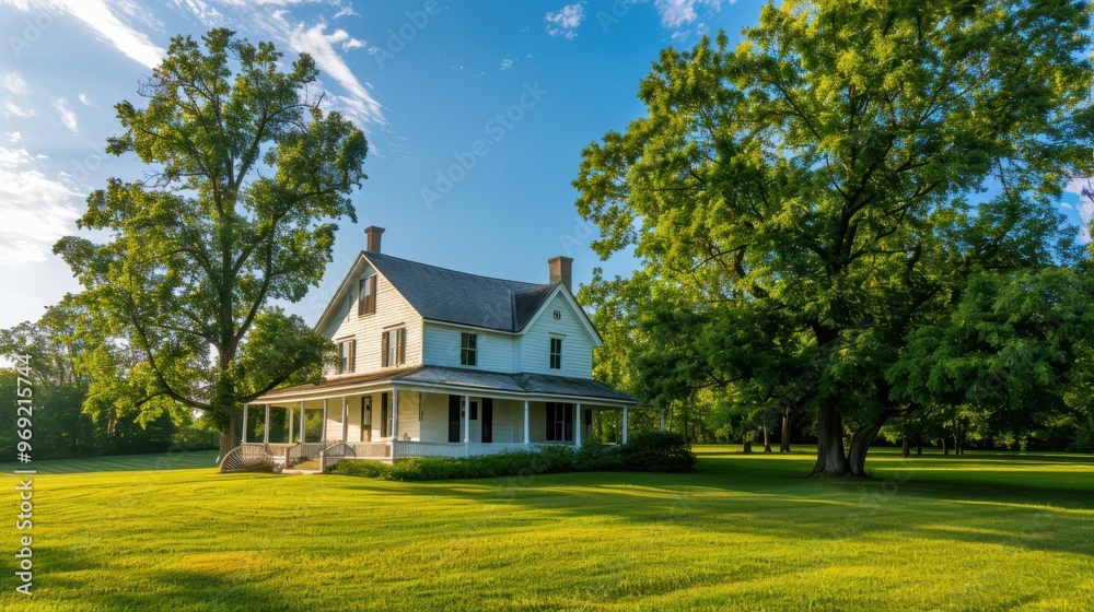 Charming farm house with spacious garden and large trees on a sunny day