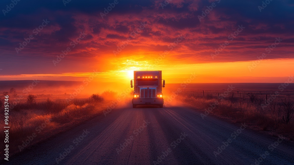 Truck driving towards a vibrant sunset on a rural road.