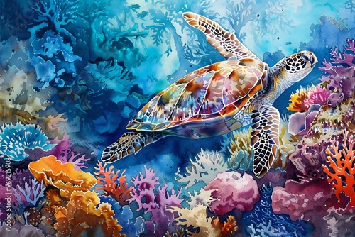 Sea Turtle swimming through a vibrant coral reef with colorful corals and fish, watercolor illustration, created by ai