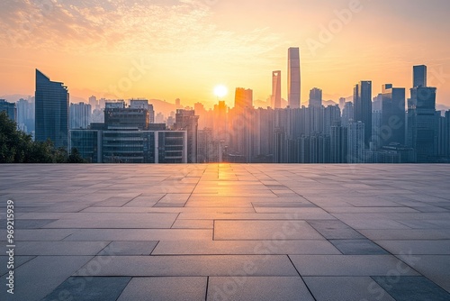 Empty square floors and city skyline with modern buildings in Chongqing at sunrise with generative ai