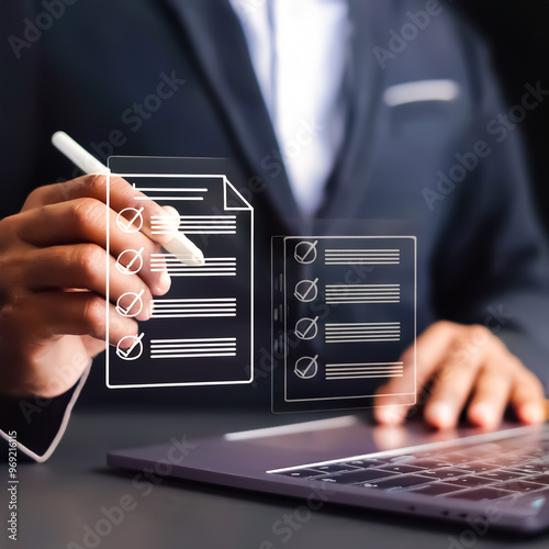 a man is writing on a notebook with a pen and a pen photo