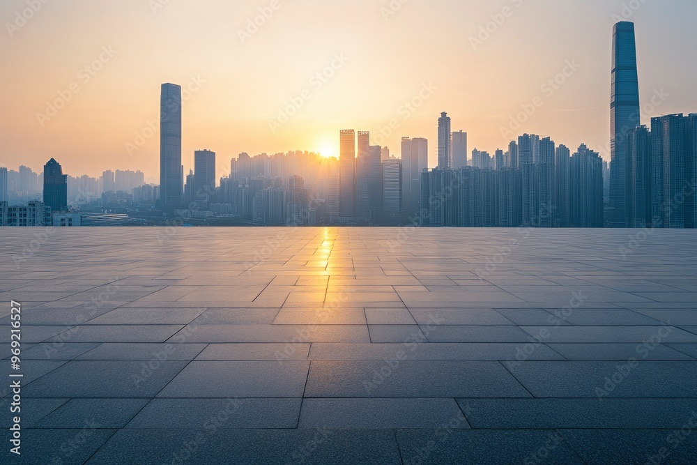 Empty square floors and city skyline with modern buildings in Chongqing at sunrise with generative ai Empty square floors and city skyline with modern buildings in Chongqing at sunrise with generative ai