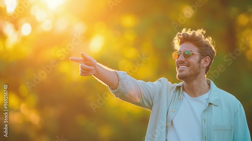 Fototapeta Naklejka Na Ścianę i Meble -  Happy young man pointing outdoors in sunny park with sunglasses