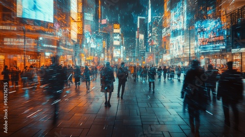Wallpaper Mural Holographic advertisements integrated into urban landscapes: People walking through a futuristic city with holographic ads seamlessly blending into the environment. Torontodigital.ca