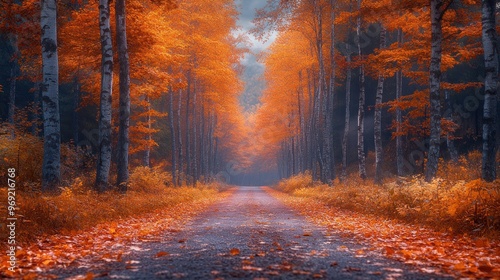 A serene autumn forest path lined with vibrant orange foliage.