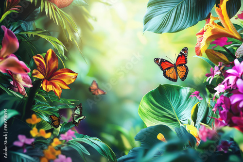 A close up of tropical paradise with vibrant flowers and butterflies