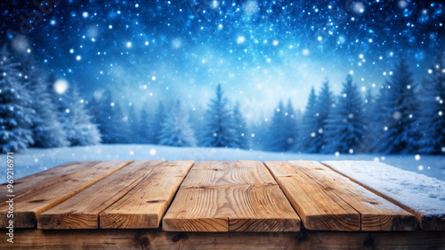 Wooden table covered with a light layer of snow overlooking a tranquil winter forest under a night sky with falling snowflakes