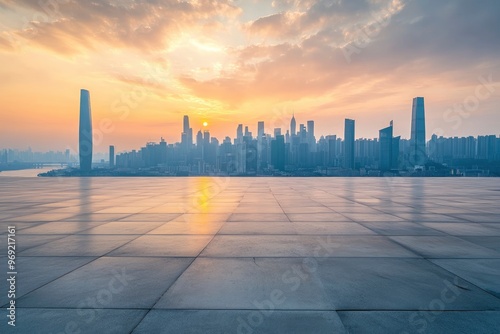 Empty square floors and city skyline with modern buildings in Chongqing at sunrise with generative ai