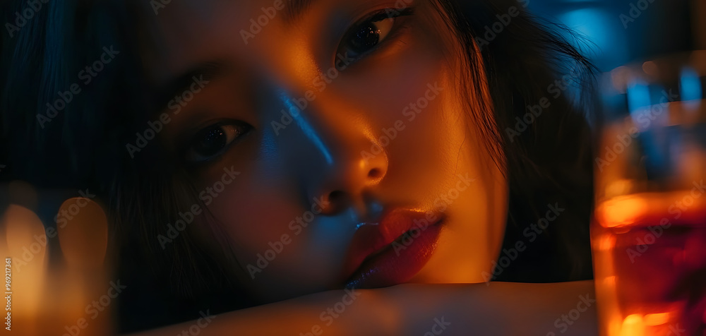 Obraz premium close up of a woman asiatic female model playing alone in a bar cafe club with a glass of whiskey cocktail , sorrow depression alcoholism concept