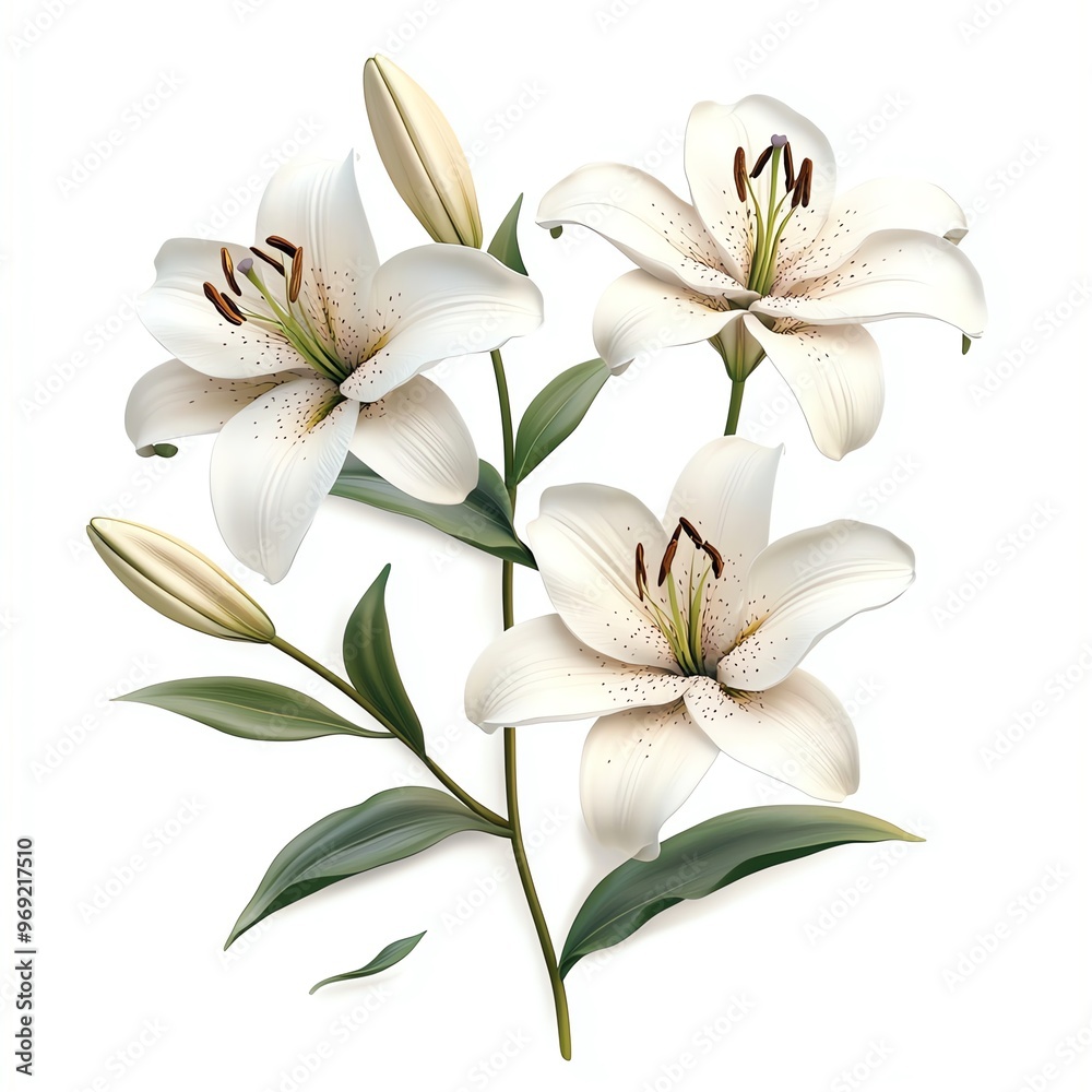 A beautiful illustration of white lilies with detailed petals and leaves, perfect for nature-themed projects and floral designs. A beautiful illustration of white lilies with detailed petals and leaves, perfect for nature-themed projects and floral designs.