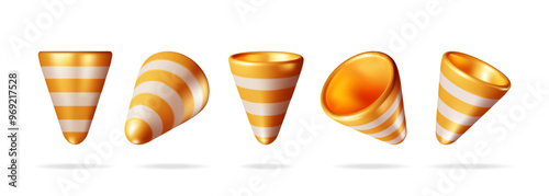 3D set of empty party popper isolated. Render collection of plasticine confetti popper. Colorful firecracker. Party holiday, surprise or birthday events. New year and christmas. Vector Illustration