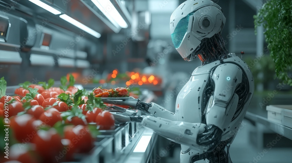 Futuristic AI-Driven Food Production Systems: Automated kitchens producing meals, optimized by AI for nutrition and taste based on individual preferences. Futuristic AI-Driven Food Production Systems: Automated kitchens producing meals, optimized by AI for nutrition and taste based on individual preferences.