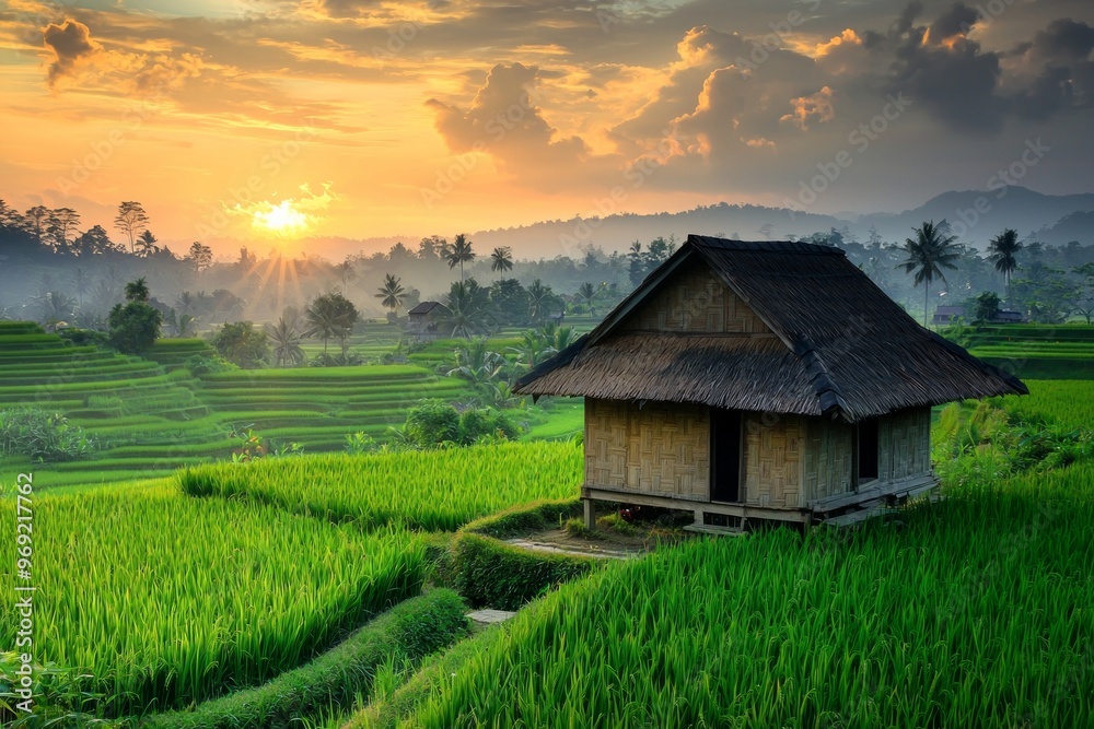Obraz premium A small wooden cottage in the middle of beautiful rice fields in Indonesia, beautiful sunrise 