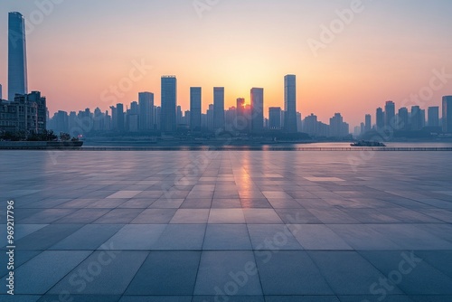 Empty square floors and city skyline with modern buildings in Chongqing at sunrise with generative ai