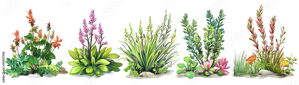 A collection of vibrant hand-painted plants, showcasing diverse textures and colors ideal for nature-themed projects.