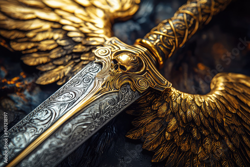 A close up of Archangel Michaels sword, glowing with divine energy, showcases intricate details photo