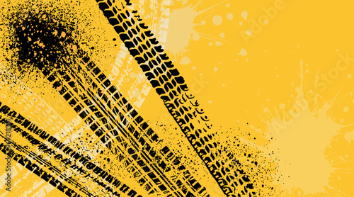 Grunge car tire marks on yellow background with splashes, template for business card with copy space. Vector illustration.