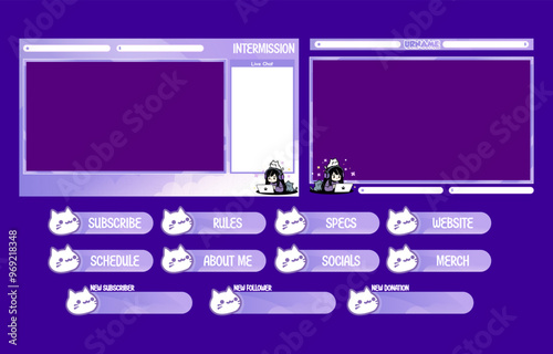 Purple Cat Twitch Stream Overlay Template with Cute Cartoon Animal Design