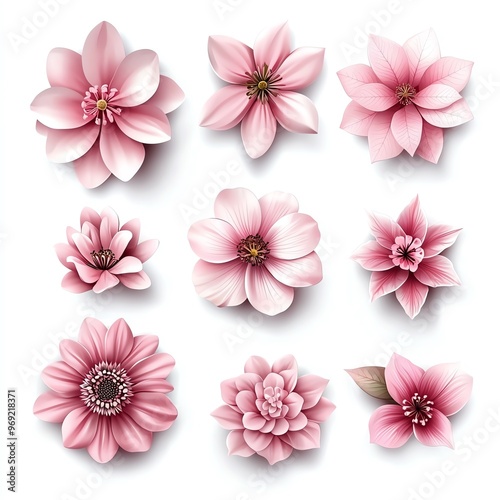 A stunning collection of pink flowers displaying diverse shapes and textures, perfect for botanical designs and nature-inspired projects.