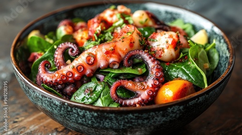 Delicious octopus salad with fresh spinach. This photo is perfect for websites or social media promoting seafood restaurants. photo