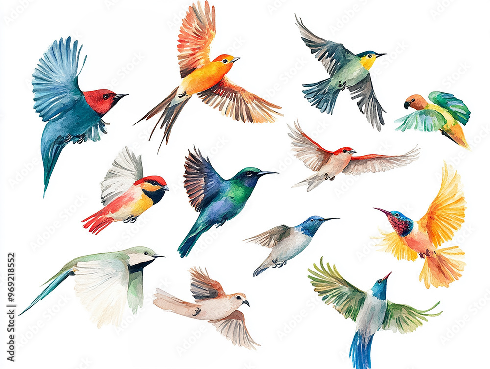 A collection of colorful birds flying in the sky. The birds are of various sizes and colors, including blue, red, yellow, and green. Concept of freedom and joy A collection of colorful birds flying in the sky. The birds are of various sizes and colors, including blue, red, yellow, and green. Concept of freedom and joy