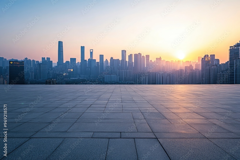 Empty square floors and city skyline with modern buildings in Chongqing at sunrise with generative ai Empty square floors and city skyline with modern buildings in Chongqing at sunrise with generative ai