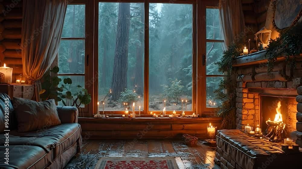 Cozy Cabin Living Room with a Fireplace and Window View of a Snowy Forest Cozy Cabin Living Room with a Fireplace and Window View of a Snowy Forest