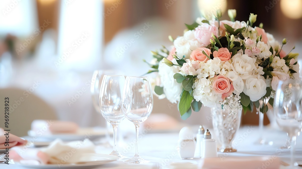 A floral centerpiece on a table set for dinner. A floral centerpiece on a table set for dinner.