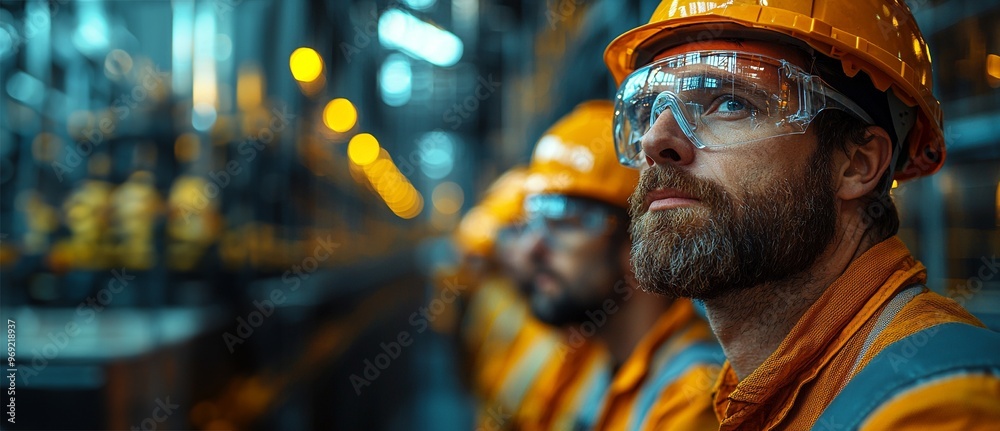 Two hardhat wearing workers carefully examining and inspecting industrial machinery and equipment in a busy factory or workshop setting Two hardhat wearing workers carefully examining and inspecting industrial machinery and equipment in a busy factory or workshop setting