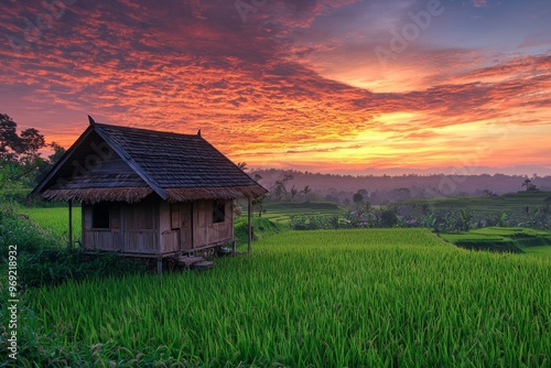 A small wooden cottage in the middle of beautiful rice fields in Indonesia, beautiful sunrise 