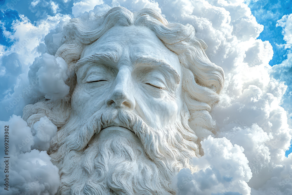 Majestic clouds surround serene face, evoking sense of divinity and peace Majestic clouds surround serene face, evoking sense of divinity and peace